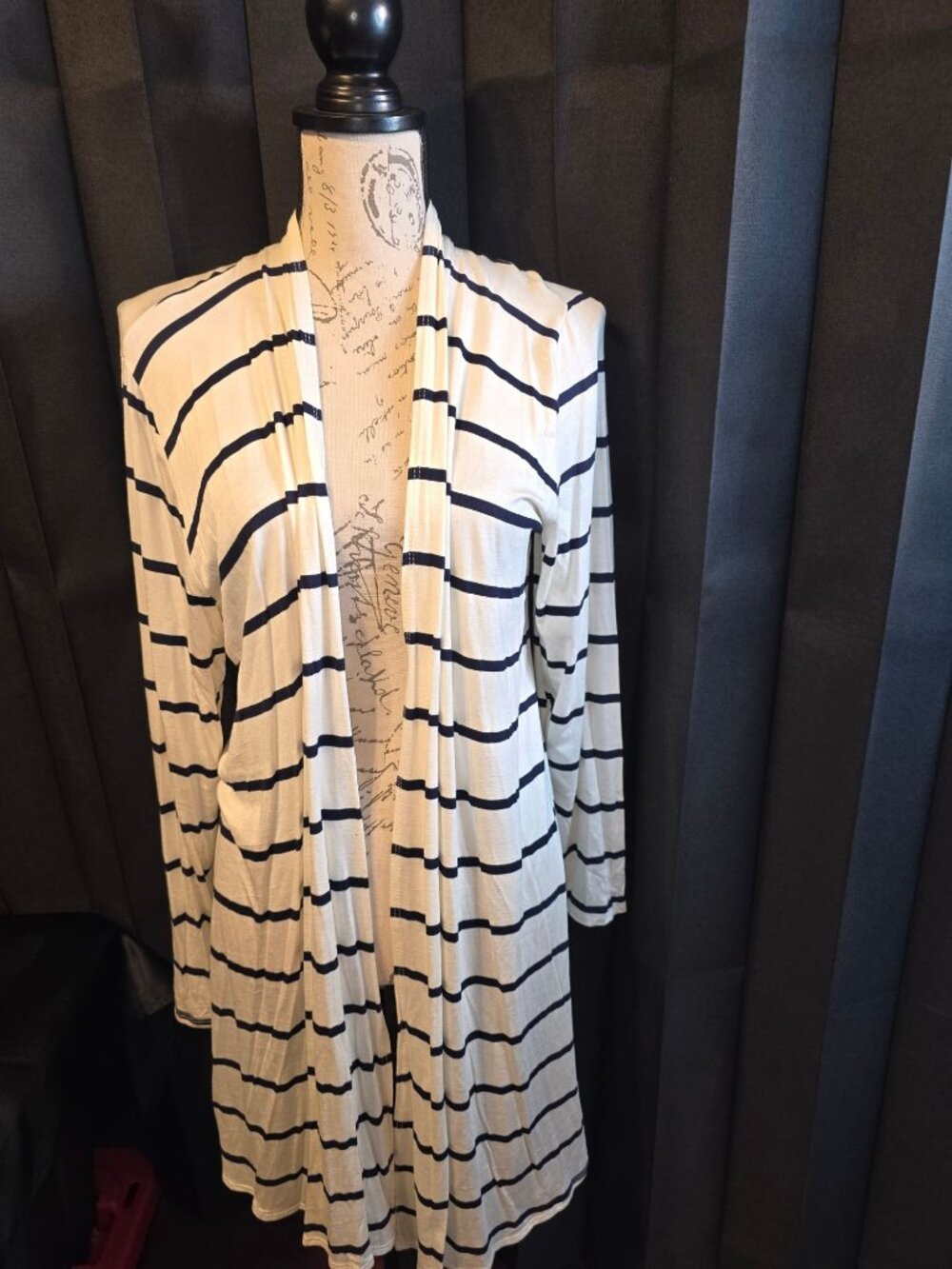 Azules Womens XL Open Front White & Navy Striped Cardigan Lightweight & Long Sle